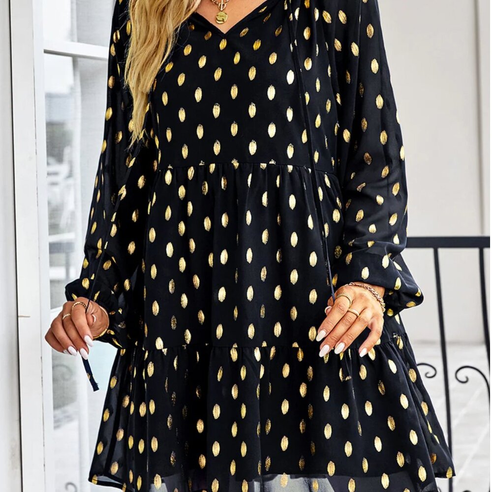 Kirundo Ruffle Gold Polka Dot Cute Babydoll VNeck Loose Tiered Flowy Party S